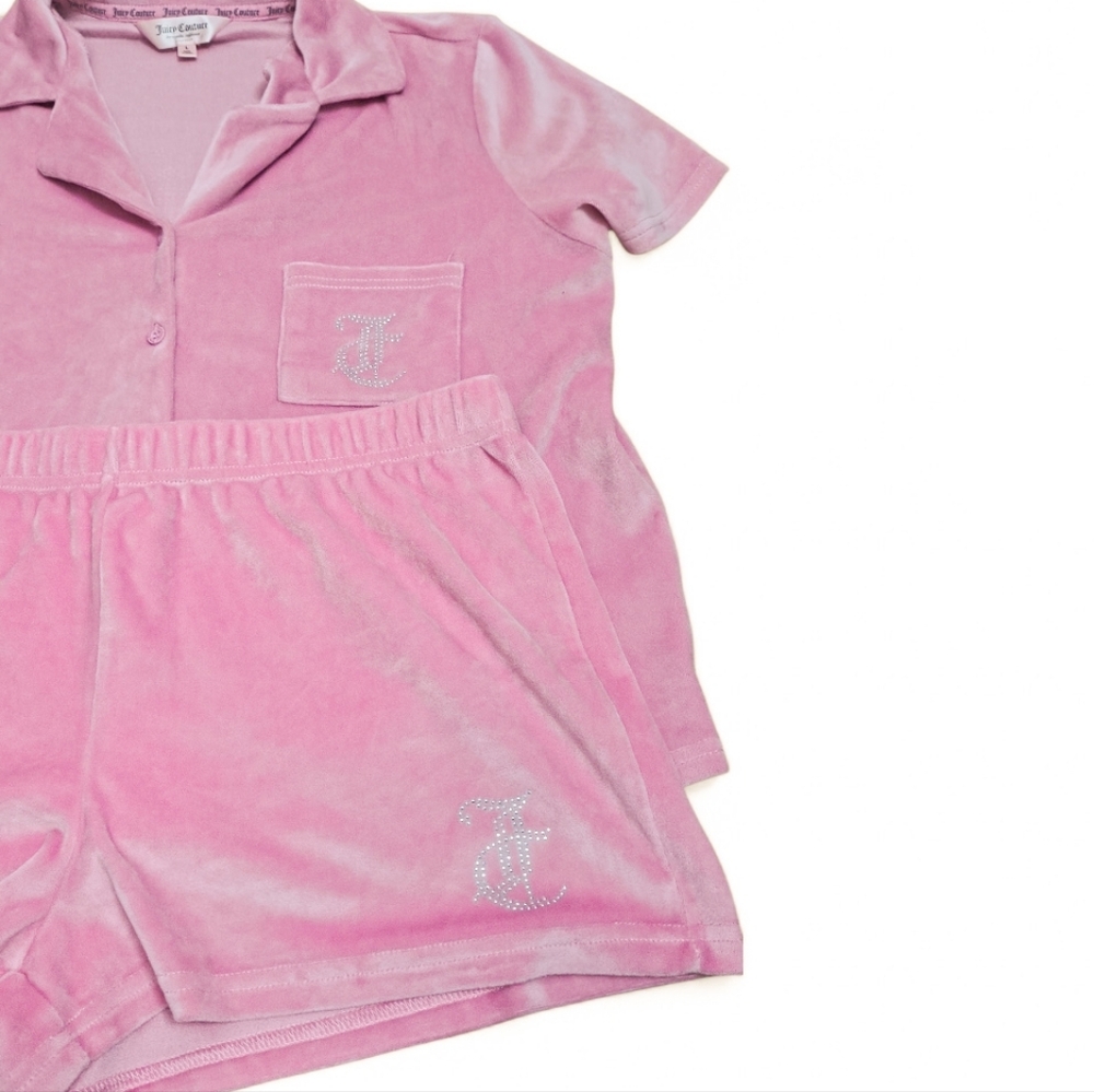 Juicy Couture Pink Velour Pajama Set Size Large 2-Piece Button Front Top & Short - Picture 4 of 8